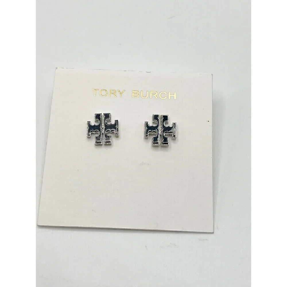 NWT Tory Burch Iconic Small T Logo Stud Pierced Earrings Silver Tone 3/8